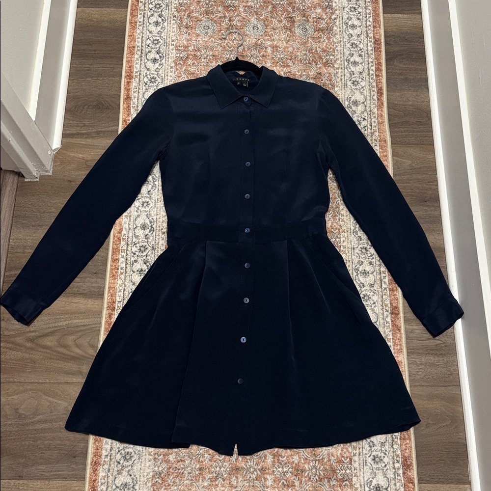 Theory Navy Long Sleeve Silk Dress w Pockets Size 0